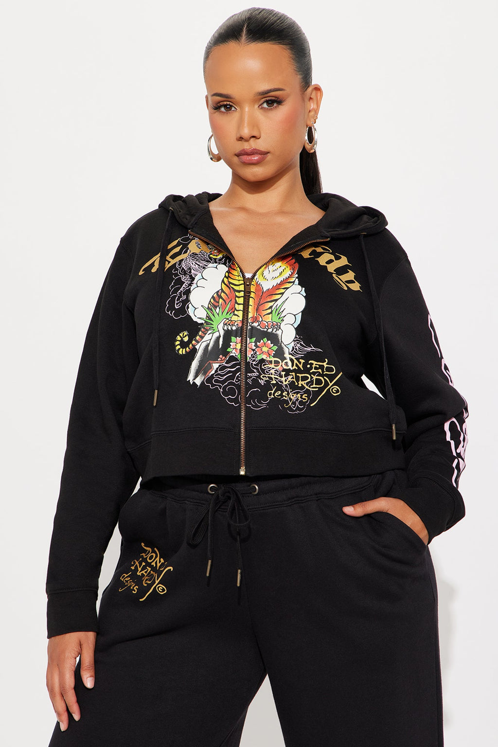 Ed Hardy Tiger Cliff Zip Up Hoodie - Black