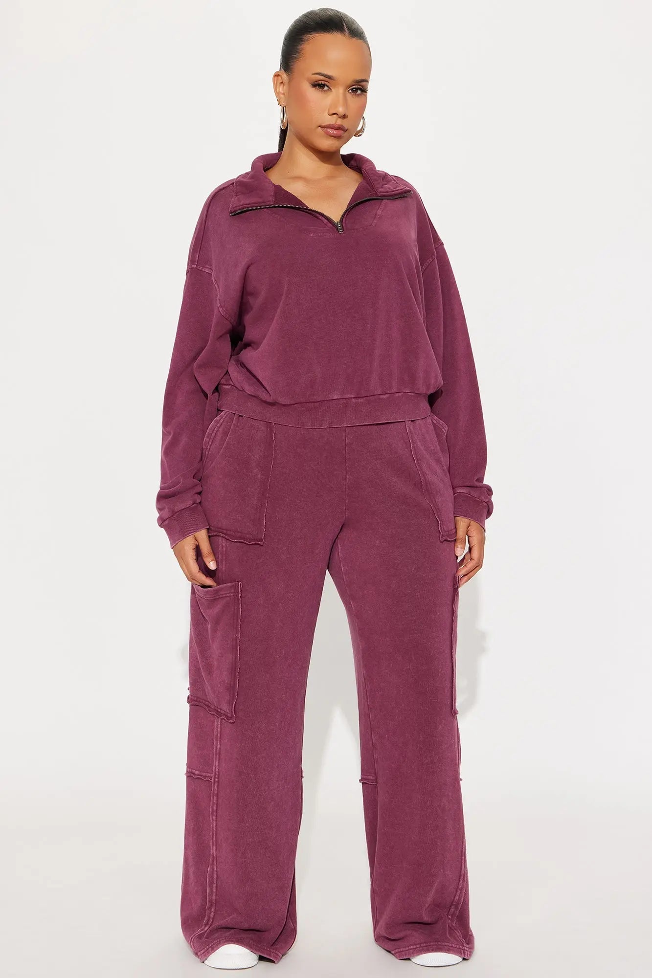 Come And Go Quarter Zip Washed Pant Set - Burgundy 