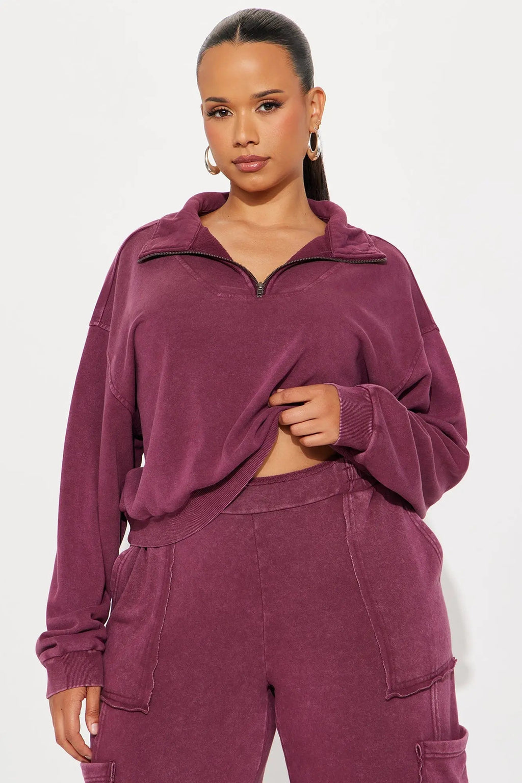 Come And Go Quarter Zip Washed Pant Set - Burgundy 