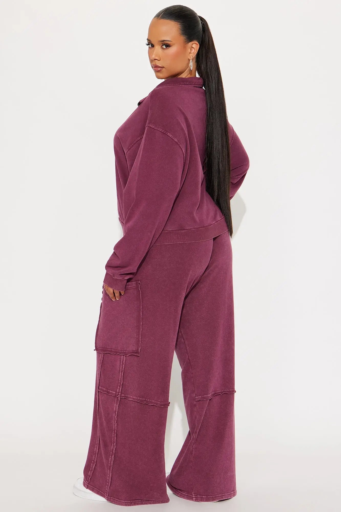 Come And Go Quarter Zip Washed Pant Set - Burgundy 