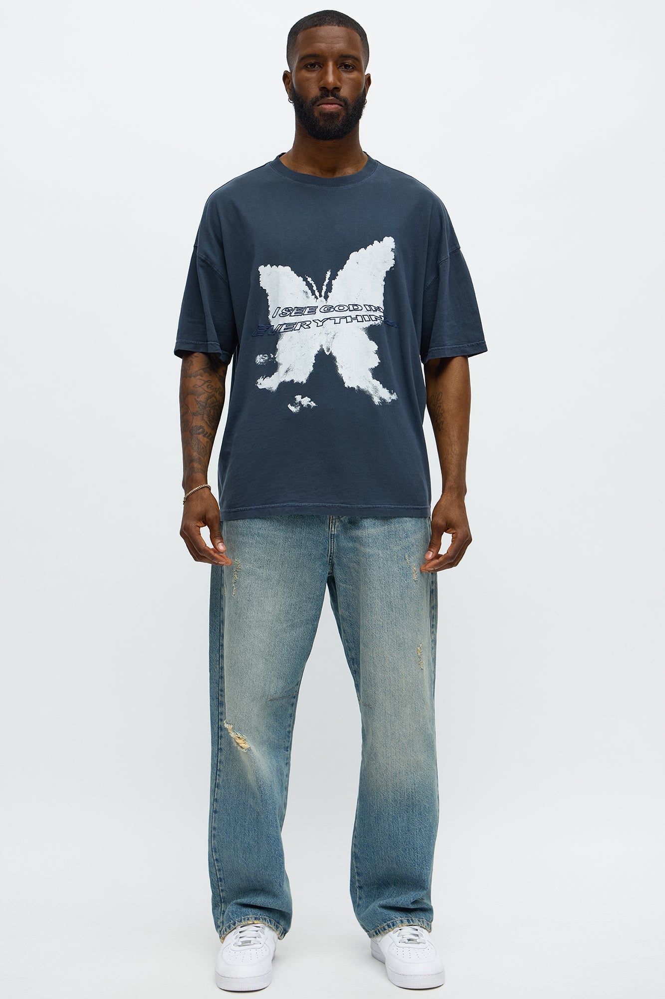 Blessed Butterfly Oversized Short Sleeve Tee - Navy