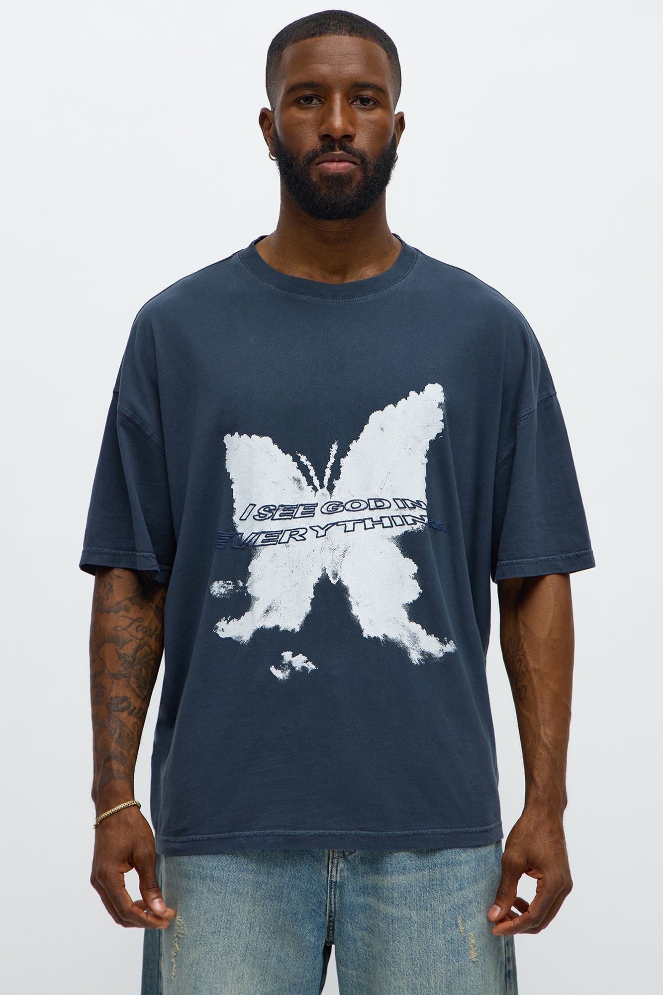 Blessed Butterfly Oversized Short Sleeve Tee - Navy