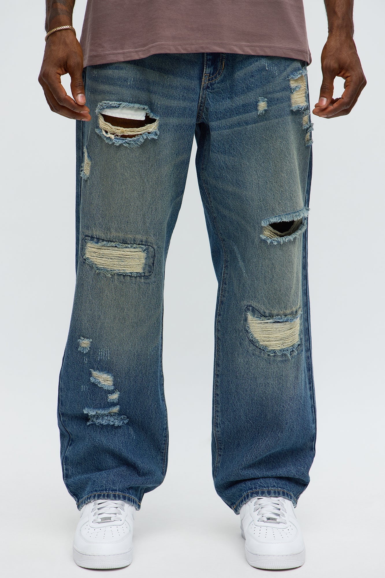 Straight Odd One Out Distressed Jeans - Medium Blue Wash