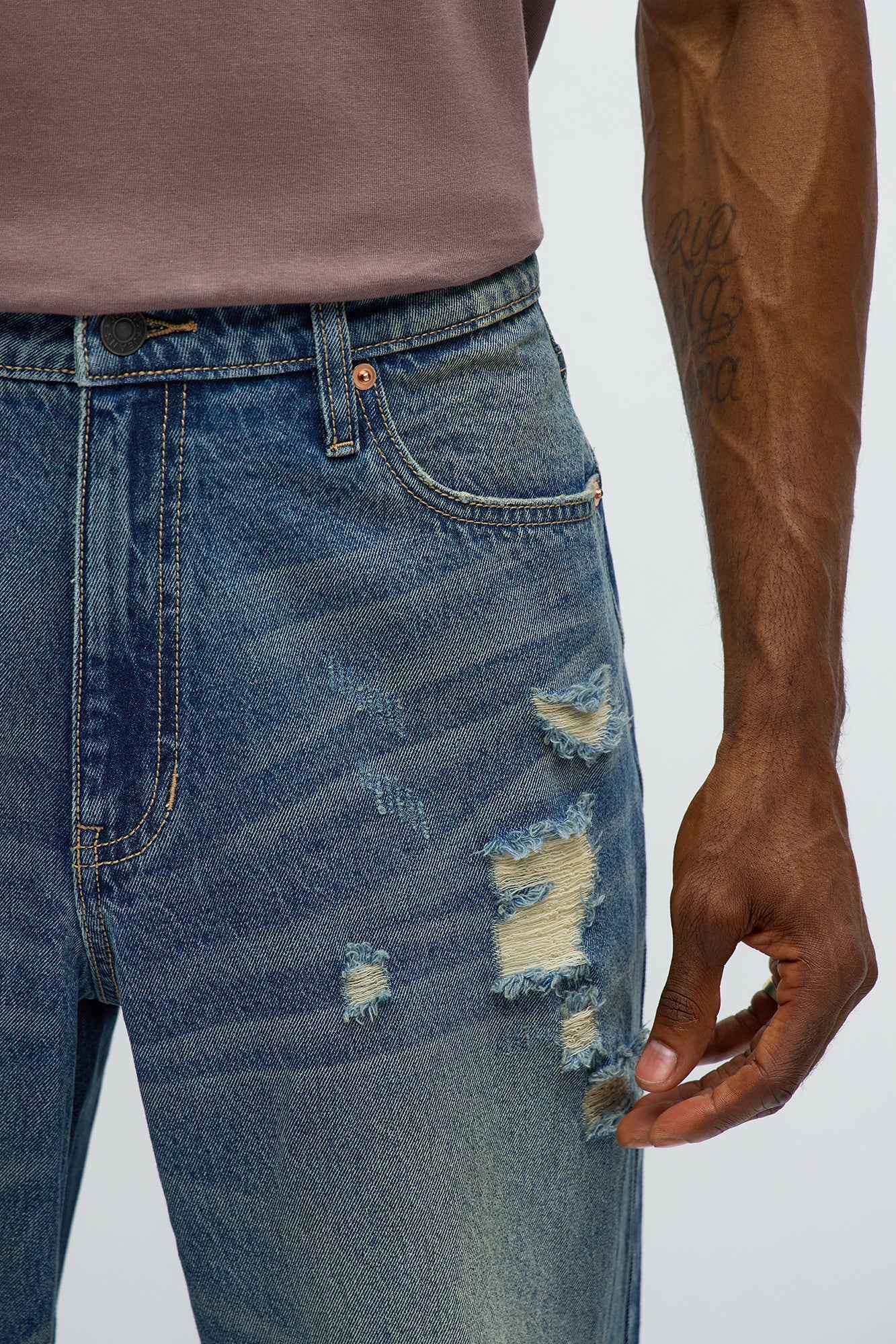 Straight Odd One Out Distressed Jeans - Medium Blue Wash
