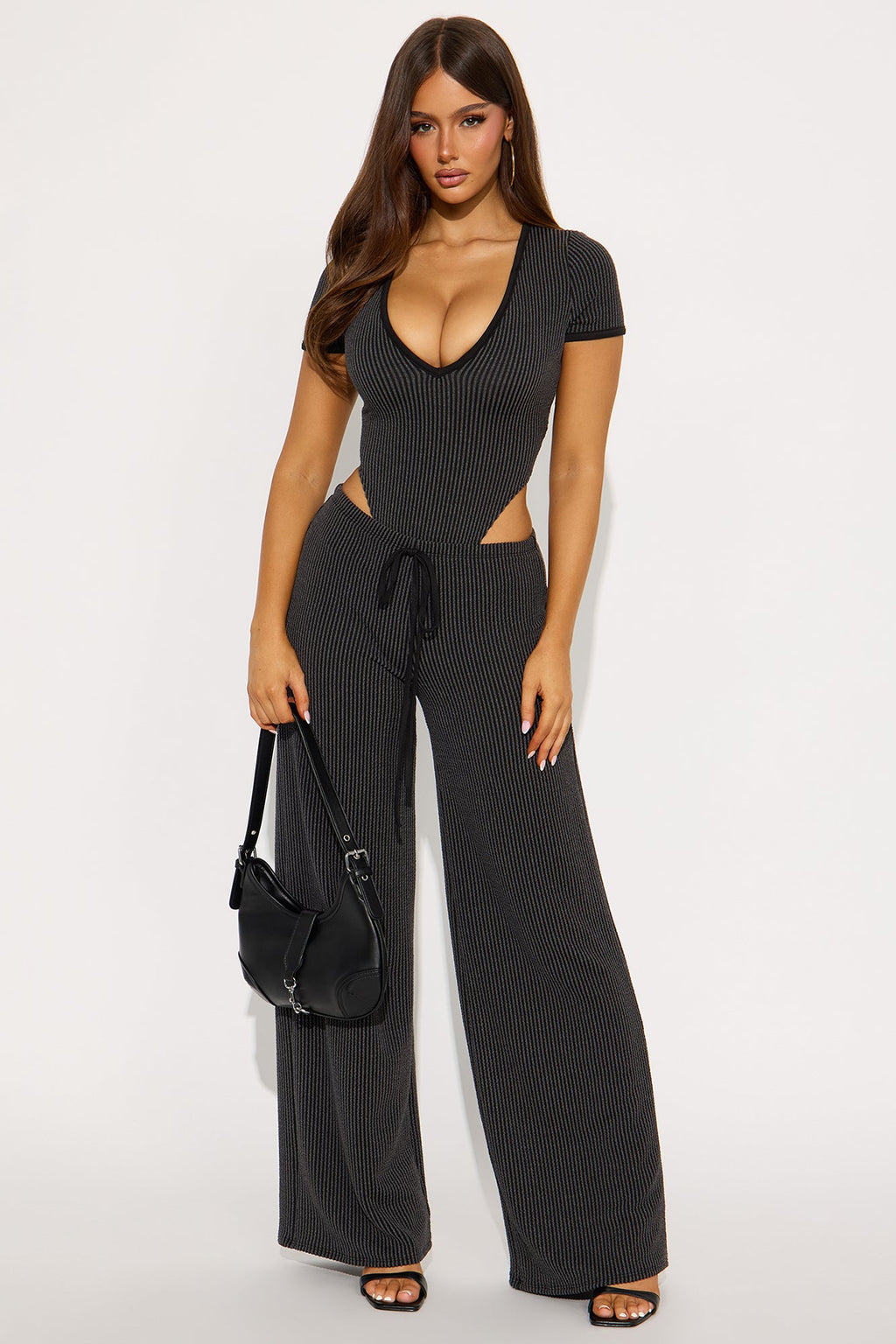 Paulette Short Sleeve Ribbed Bodysuit Pant Set - Black