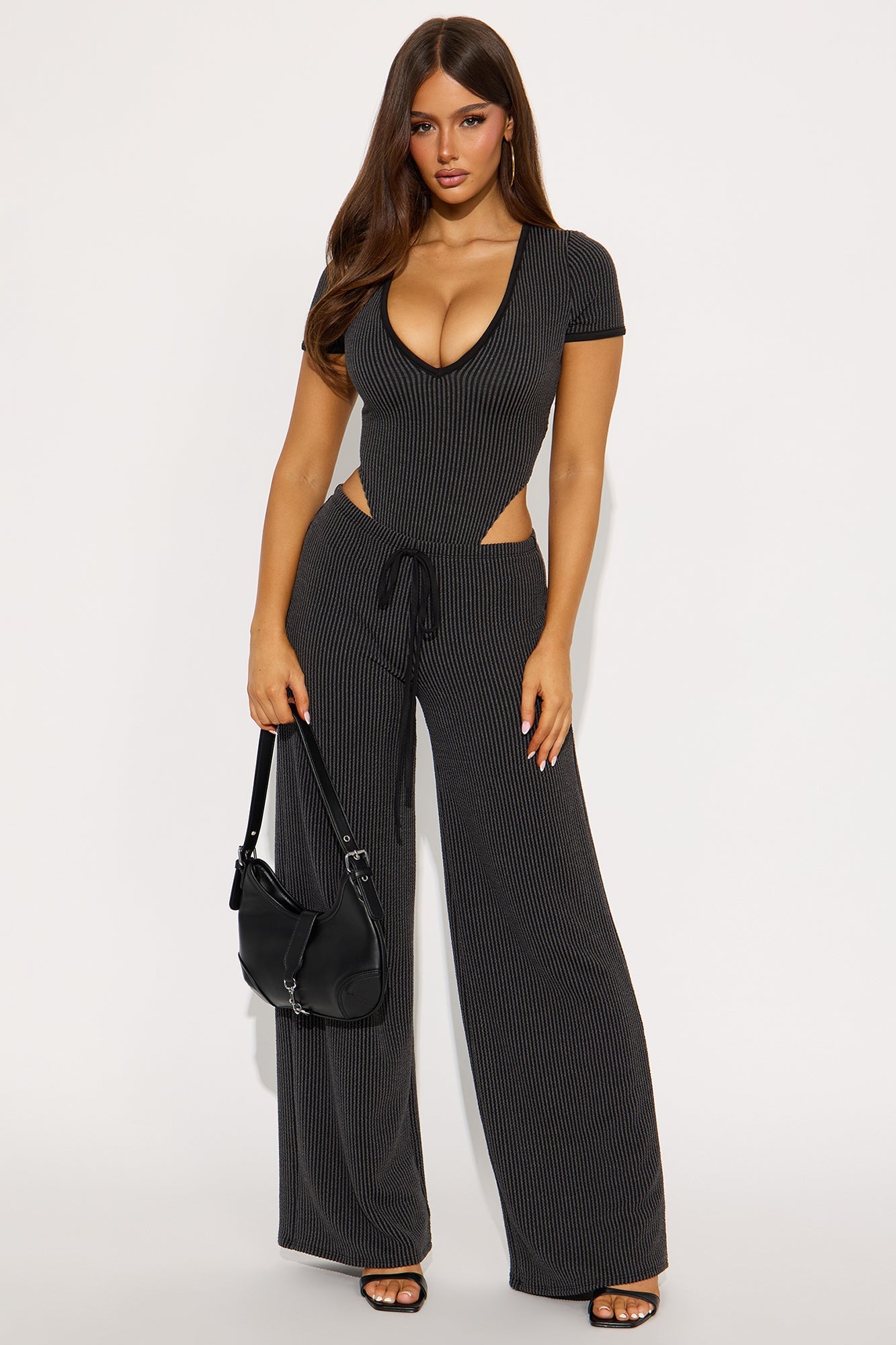 Paulette Short Sleeve Ribbed Bodysuit Pant Set - Black