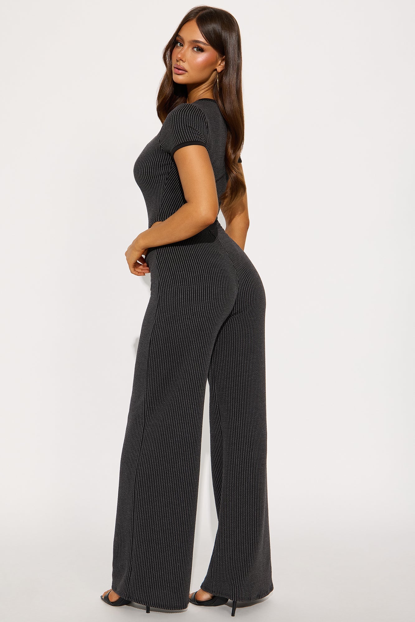 Paulette Short Sleeve Ribbed Bodysuit Pant Set - Black