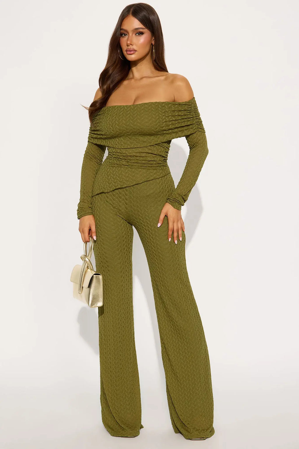 Becca Off Shoulder Textured Pant Set - Olive 
