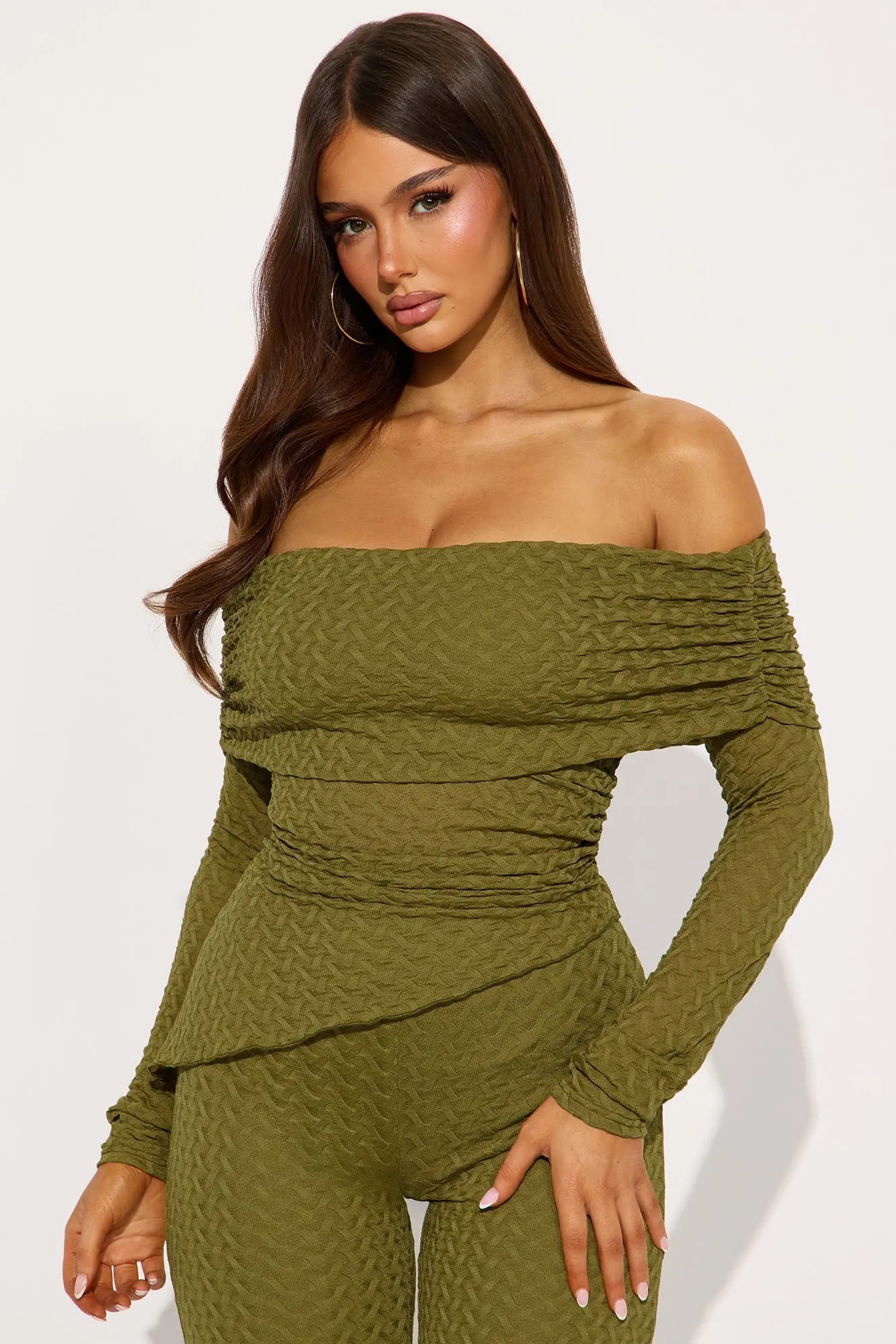 Becca Off Shoulder Textured Pant Set - Olive 