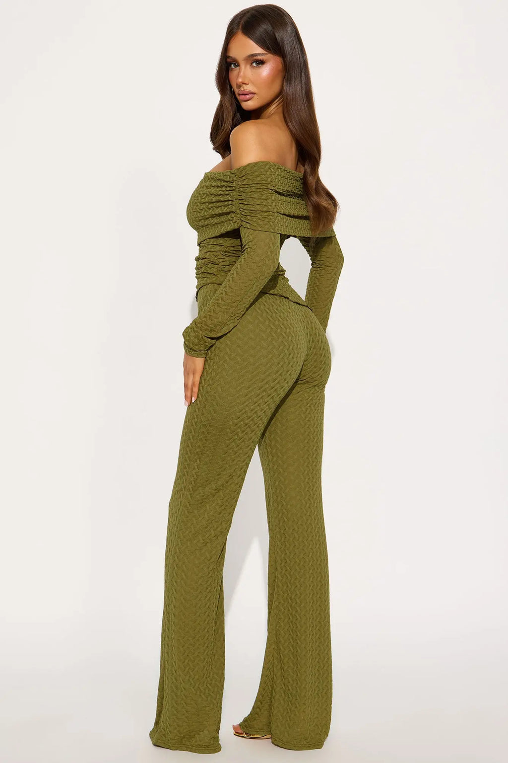 Becca Off Shoulder Textured Pant Set - Olive 