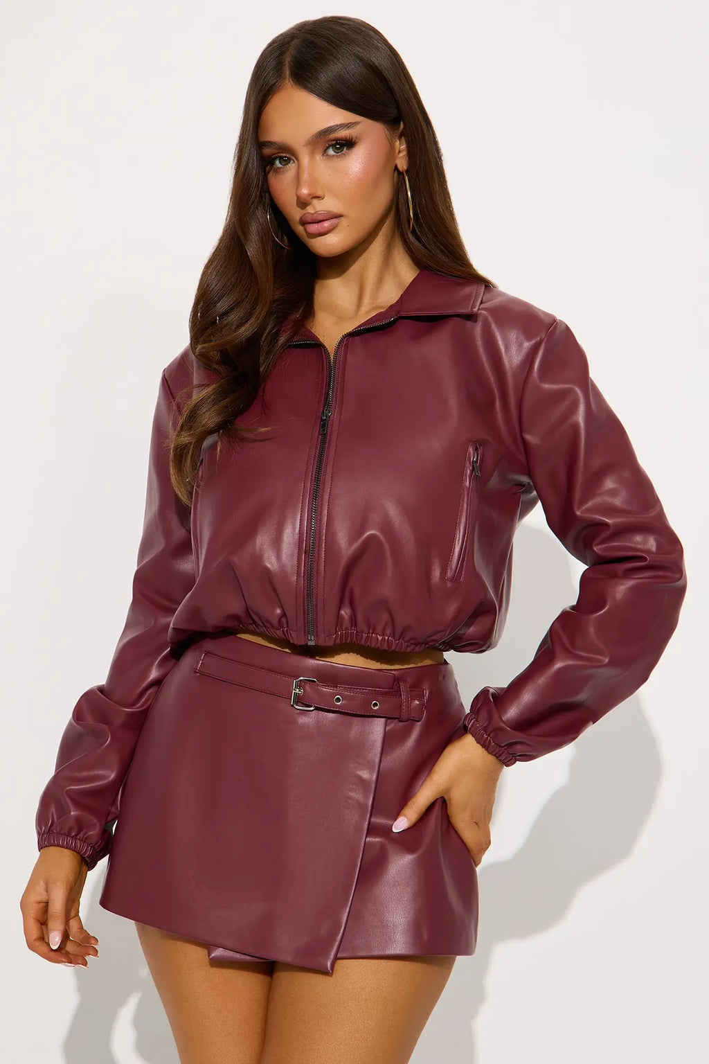 Jessica Faux Leather Jacket Skort Set - Burgundy 