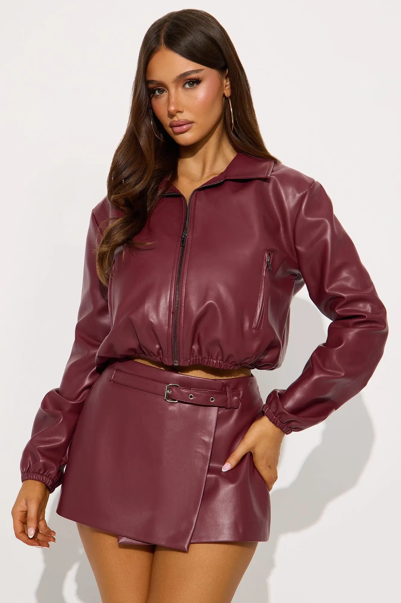 Jessica Faux Leather Jacket Skort Set - Burgundy 