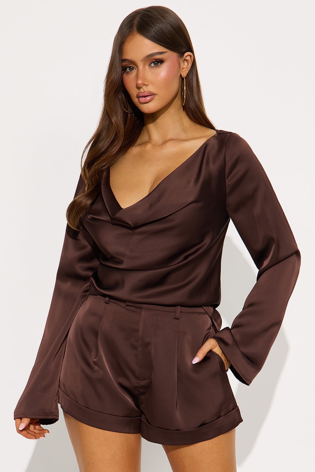 Lania Long Sleeve Satin Short Set - Chocolate