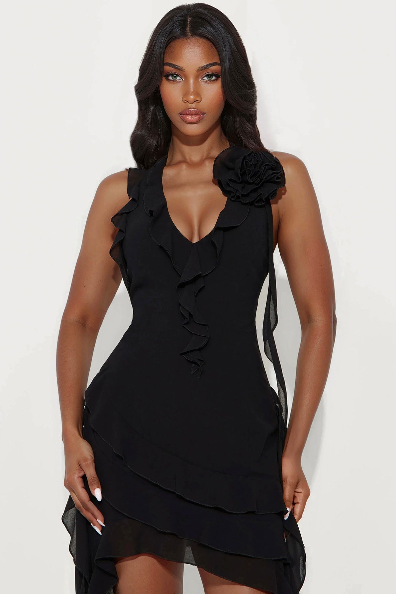 Tall Ruffles And Roses Lace Mini Dress - Black