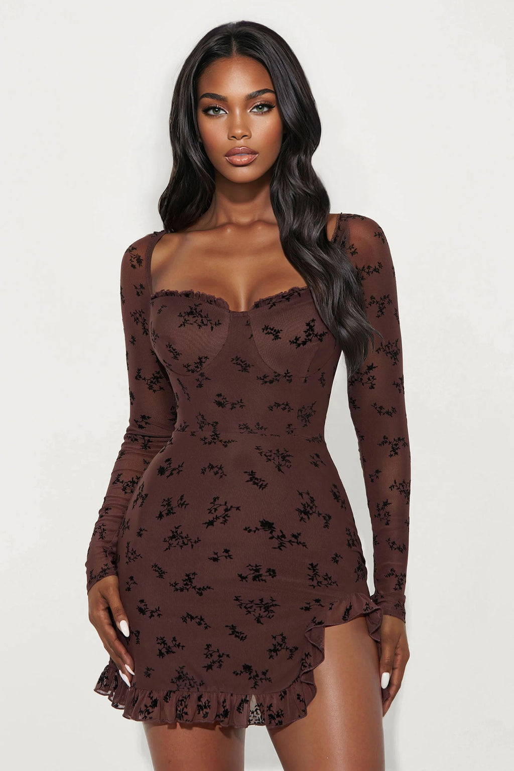 Julia Long Sleeve Flocked Mini Dress - Chocolate