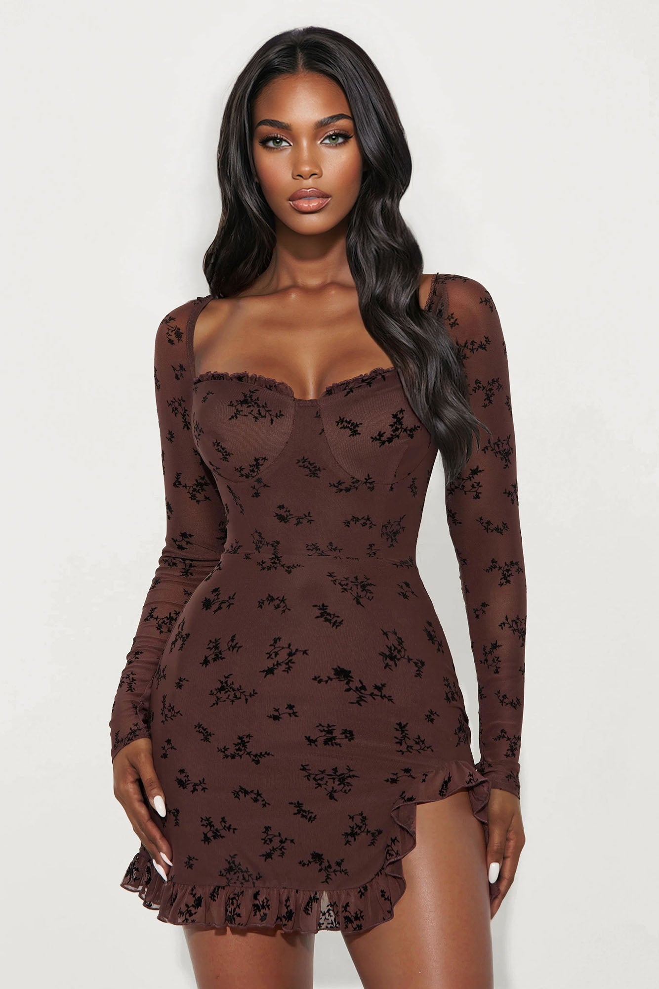 Julia Long Sleeve Flocked Mini Dress - Chocolate