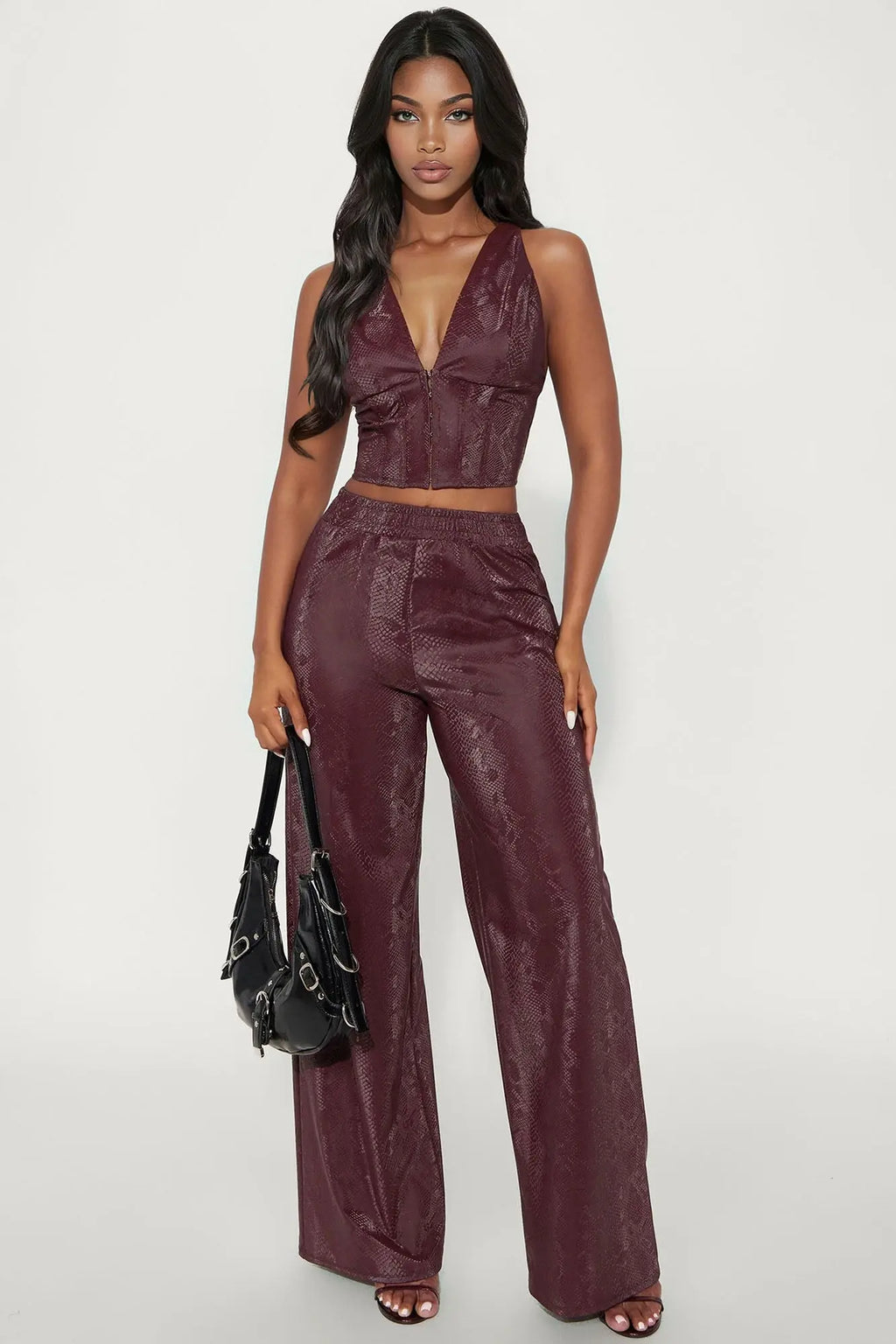 Stepping Out Faux Leather Snake Pant Set - Burgundy 