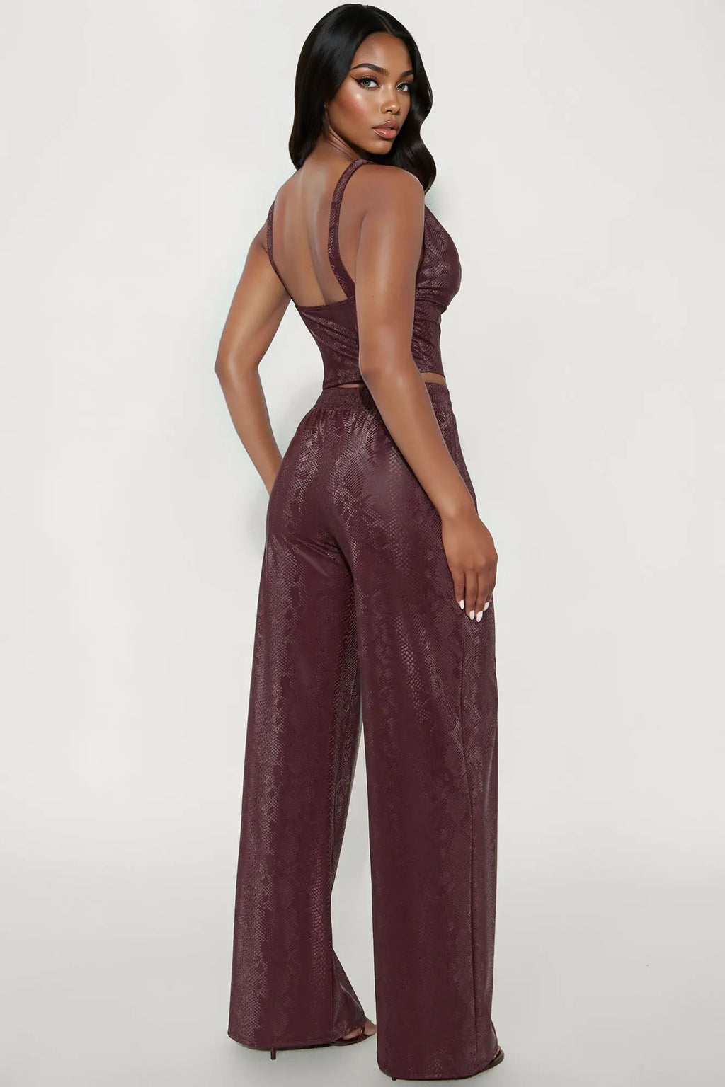Stepping Out Faux Leather Snake Pant Set - Burgundy 