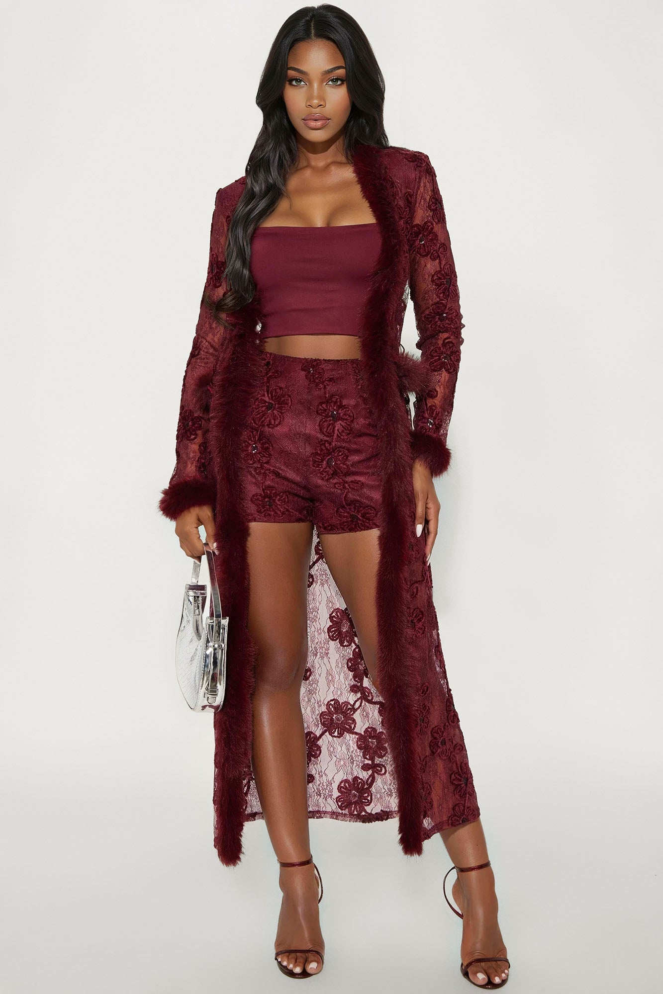 Moments Like This Lace Duster And Short Set - Burgundy