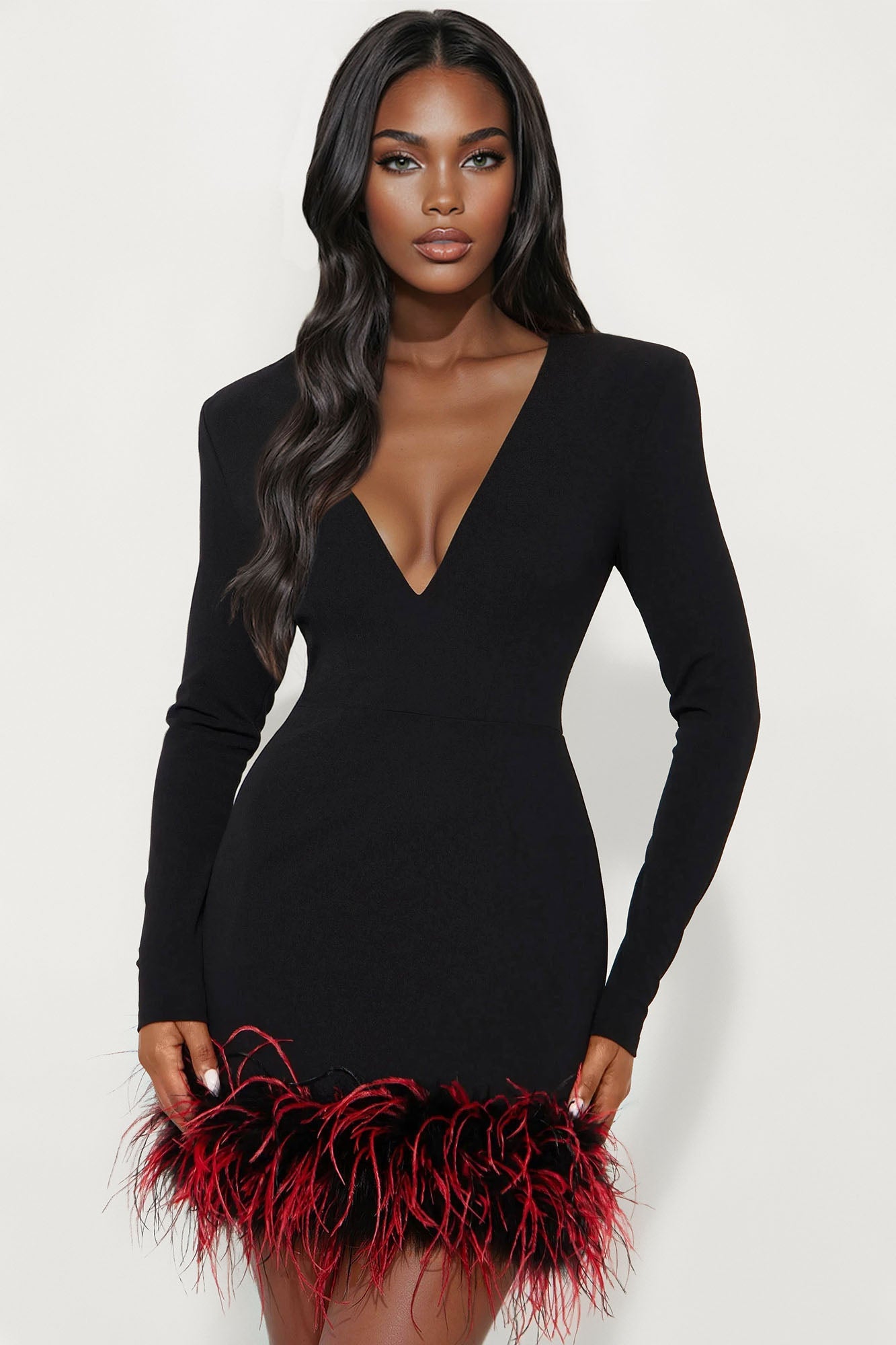 Noah Long Sleeve Feather Mini Dress - Black