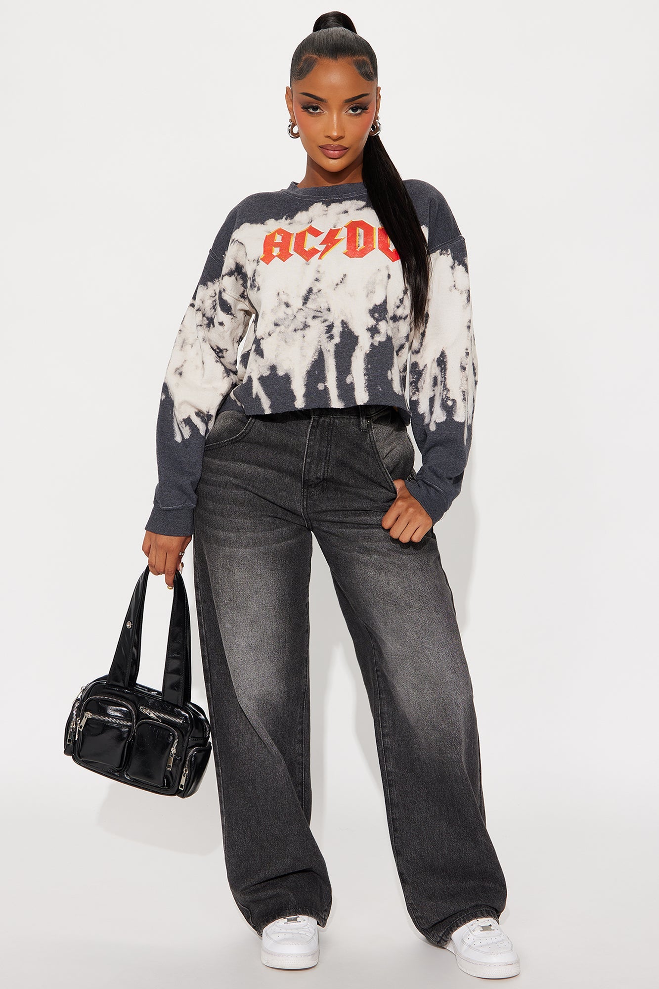 ACDC Bleach Cropped Crew Sweatshirt - Black