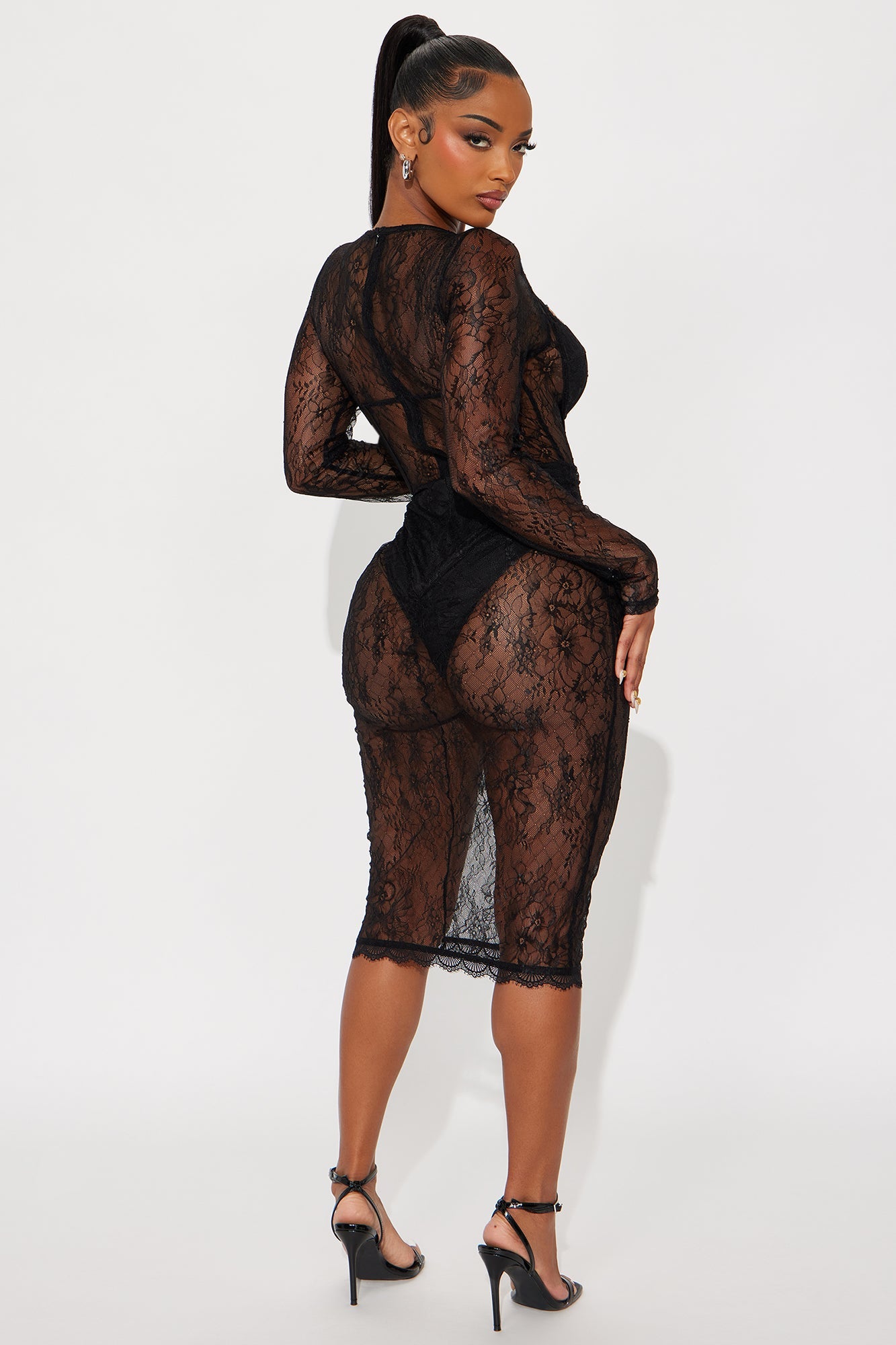 Eden Long Sleeve Lace Midi Dress - Black