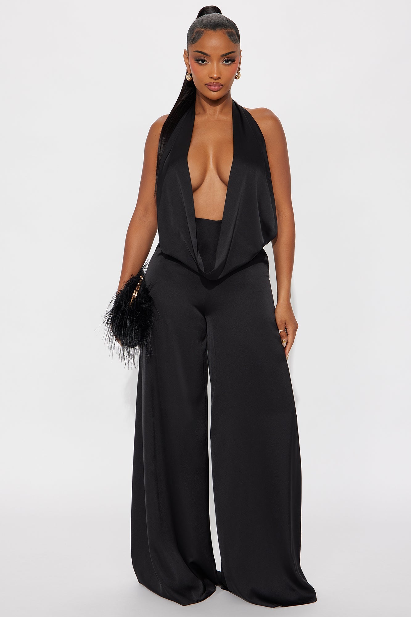 Sun and Sips Solid Satin Jumpsuit - Black