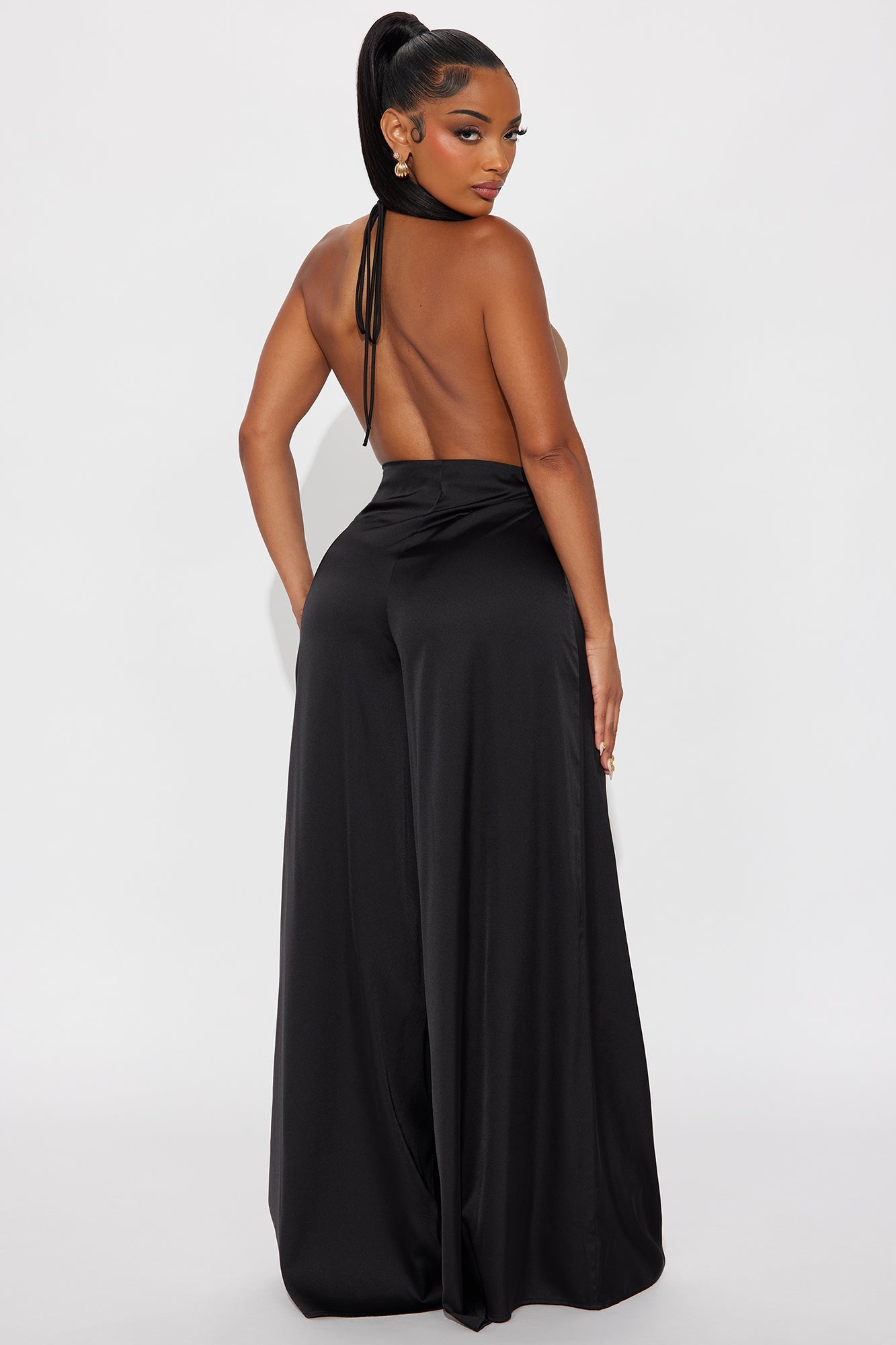 Sun and Sips Solid Satin Jumpsuit - Black