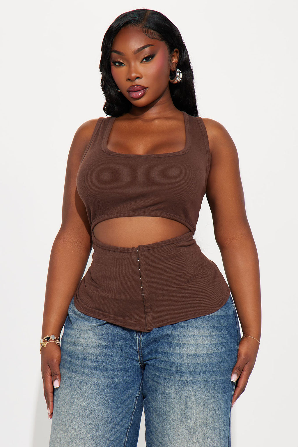 Liora Cut Out Ribbed Tank Top - Brown