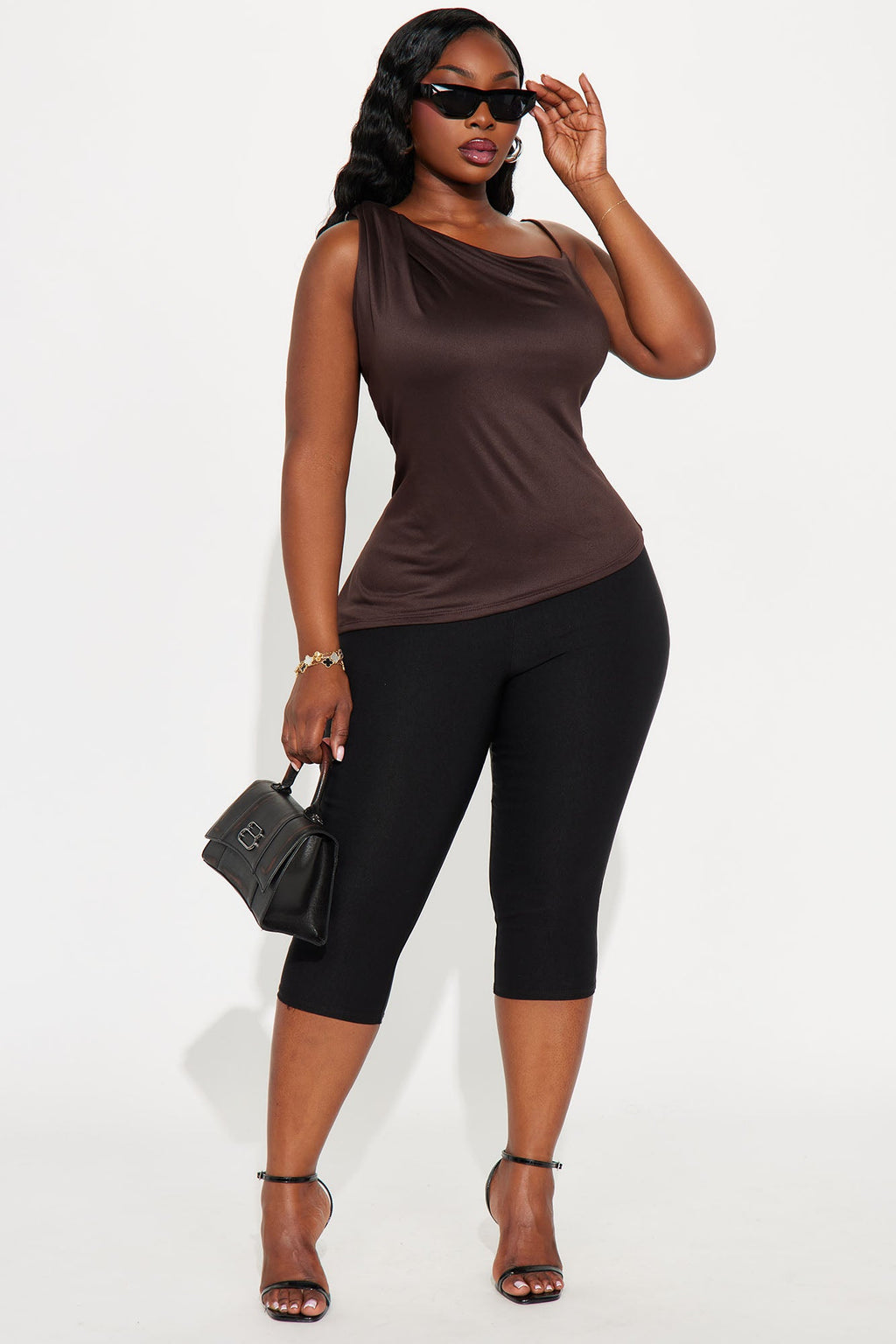 Dominica Asymmetrical Draped High Neck Top - Dark Brown