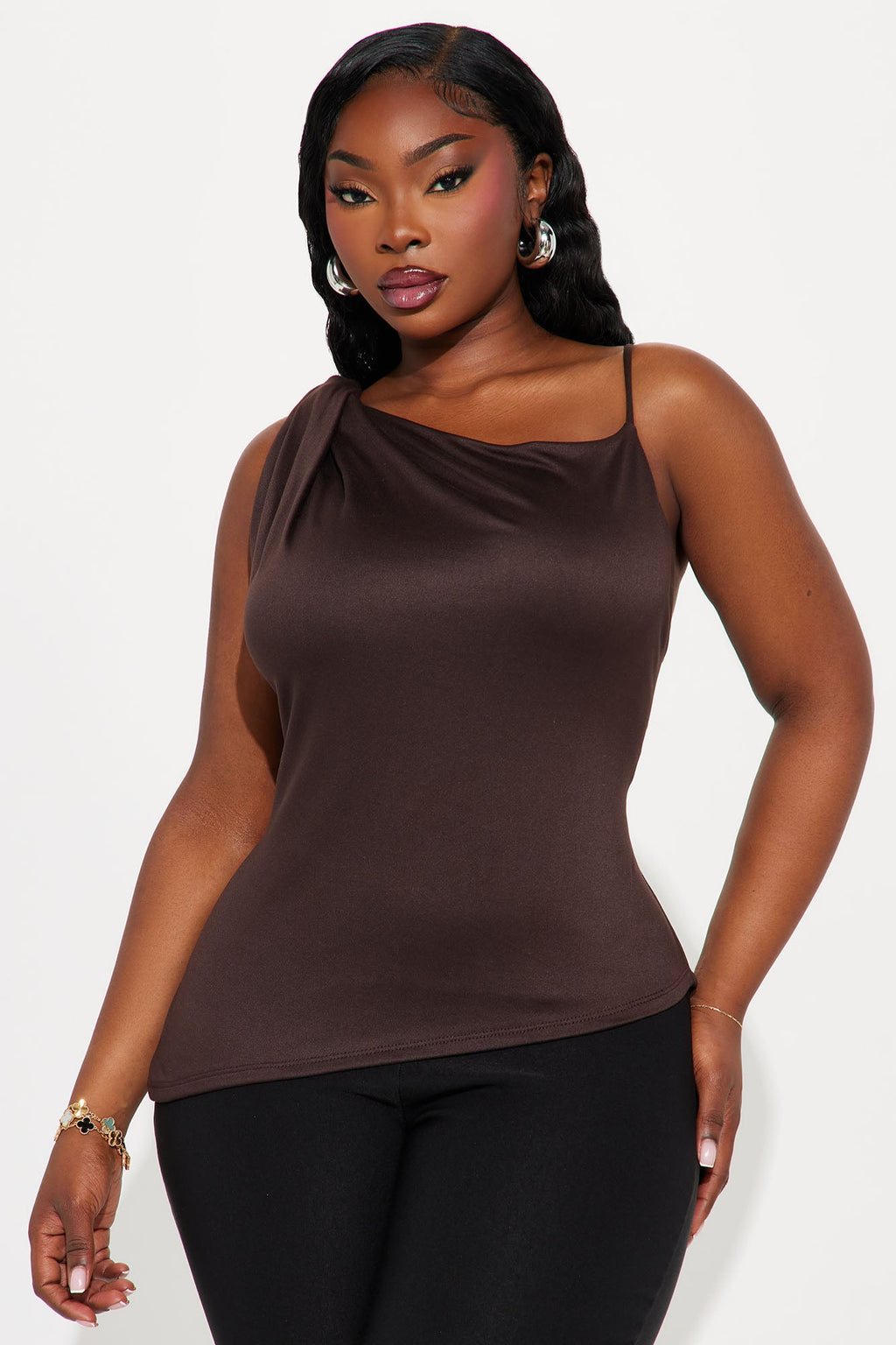 Dominica Asymmetrical Draped High Neck Top - Dark Brown