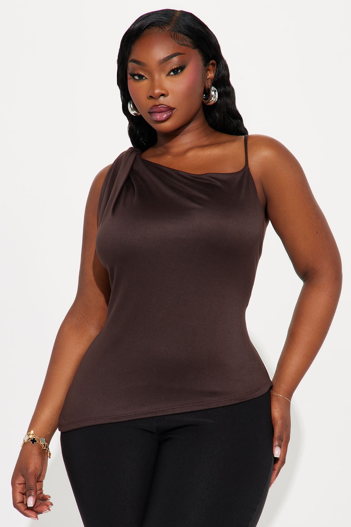 Dominica Asymmetrical Draped High Neck Top - Dark Brown