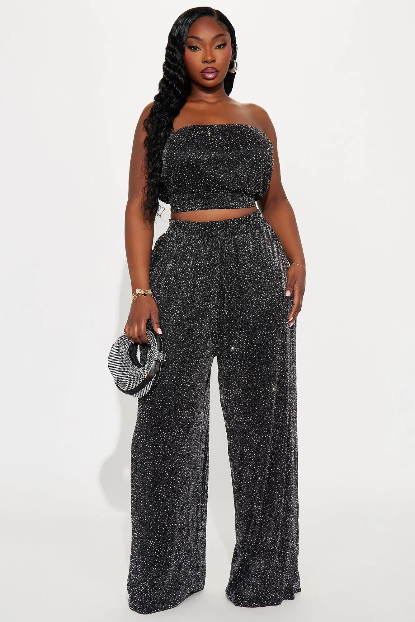 Sheena Rhinestone Mesh Pant Set - Black 