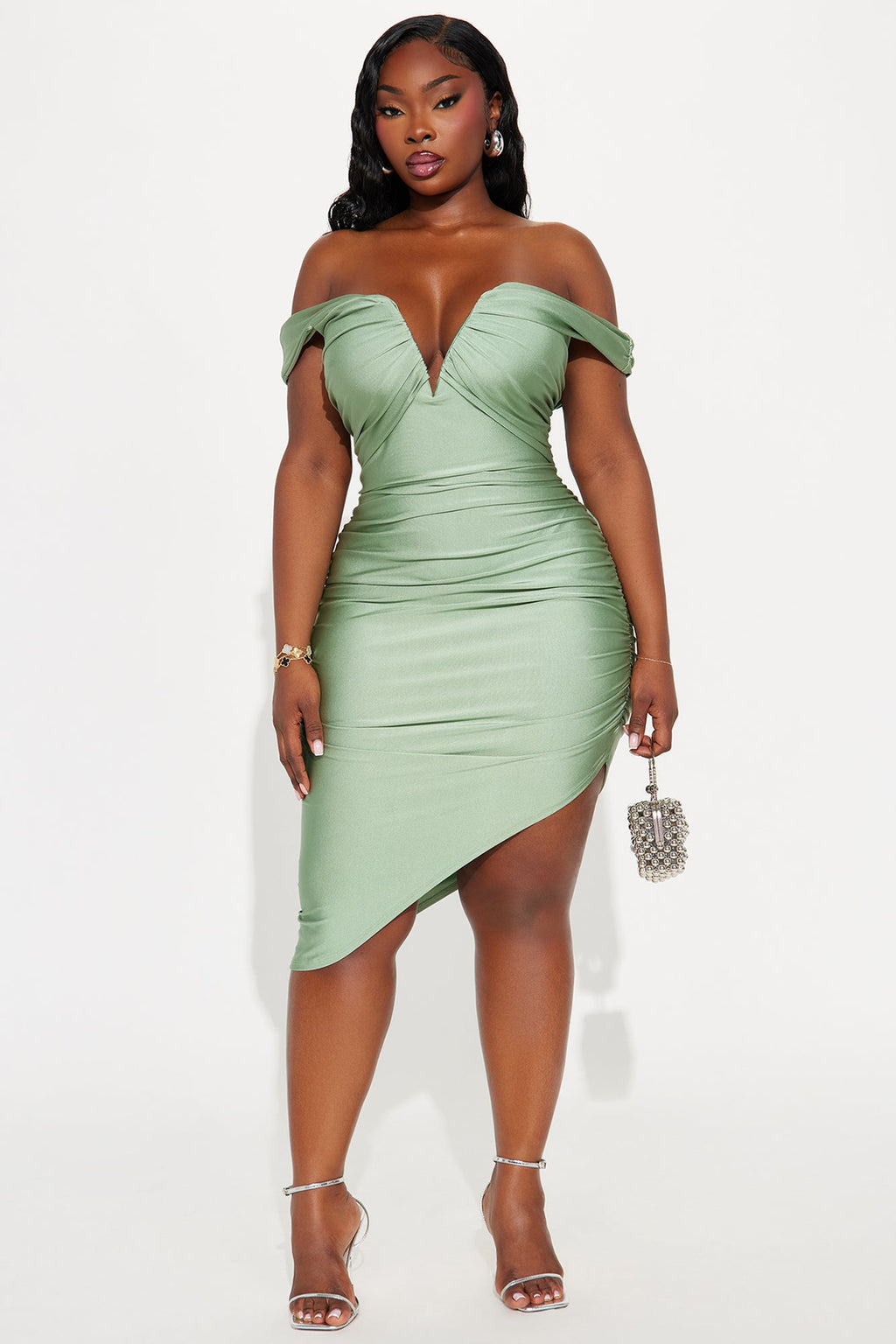 Rosalinda Off Shoulder Midi Dress - Sage