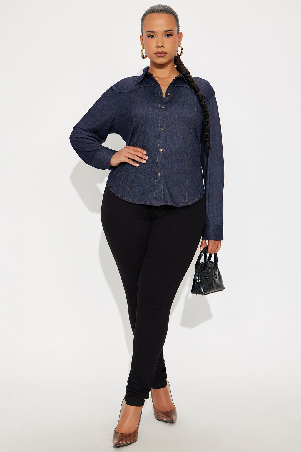 Melody Long Sleeve Button Up Denim Shirt - Dark Denim