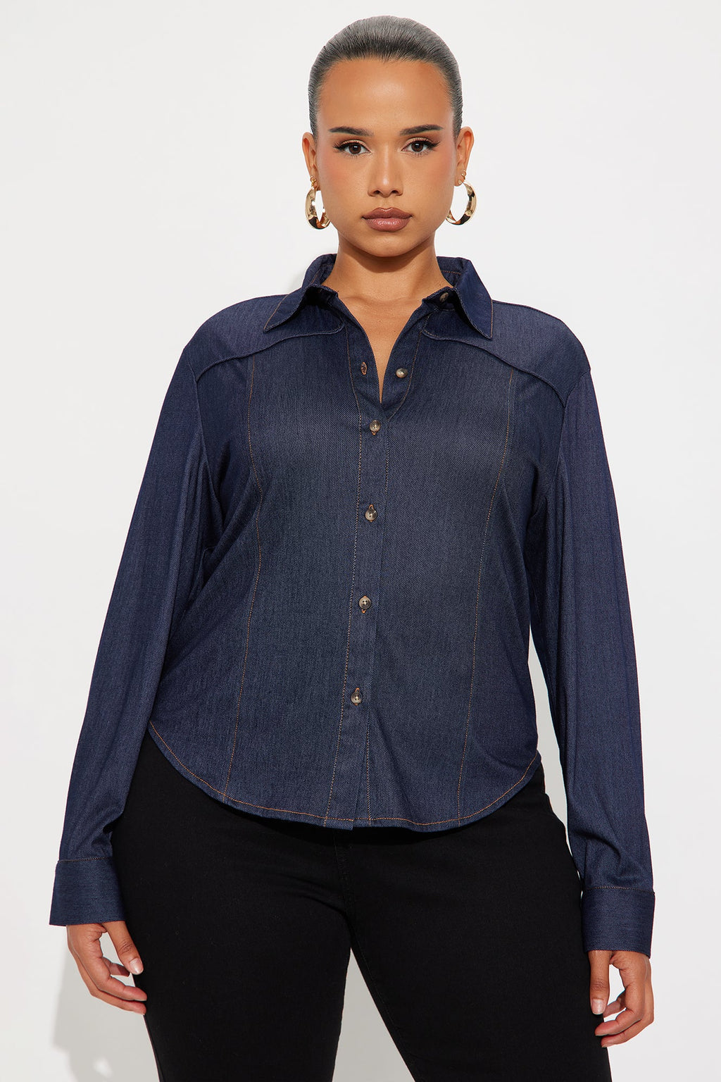 Melody Long Sleeve Button Up Denim Shirt - Dark Denim