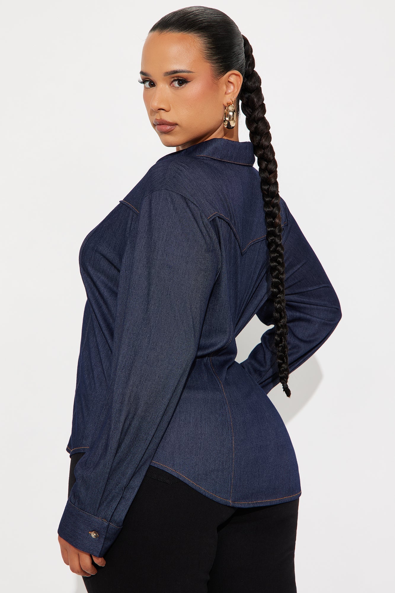 Melody Long Sleeve Button Up Denim Shirt - Dark Denim