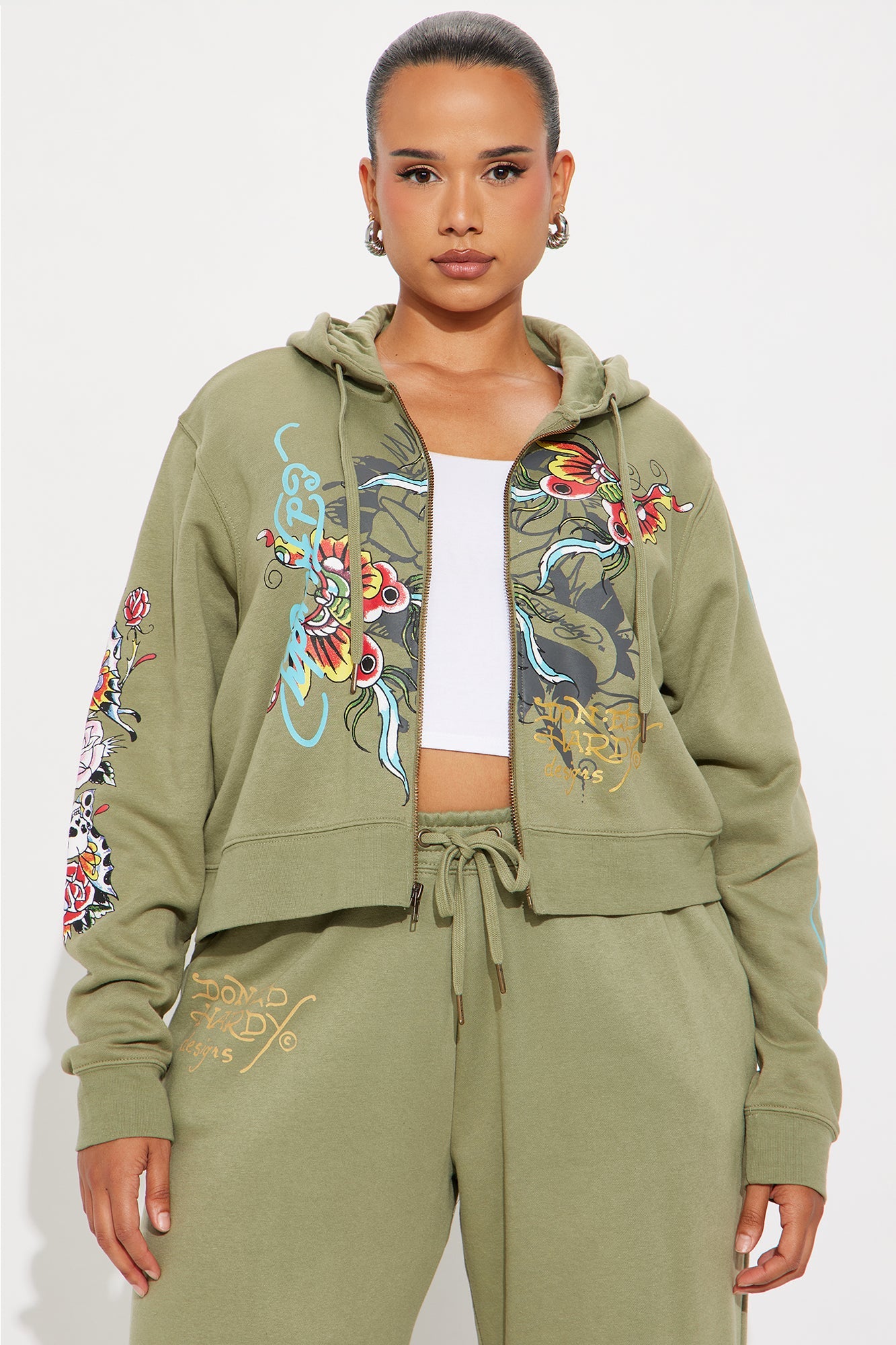 Ed Hardy Butterfly Zip Front Hoodie - Sage