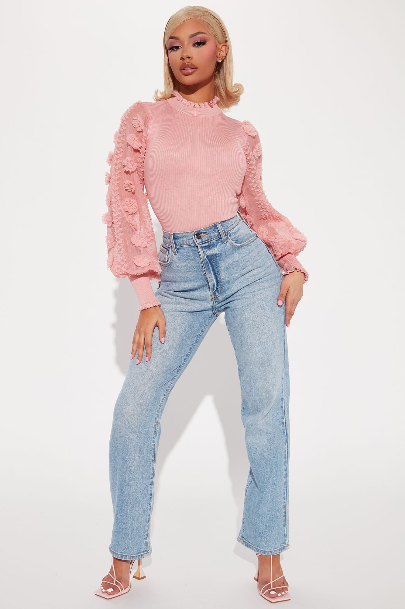 Pretty Petals Mock Neck Sweater - Rose