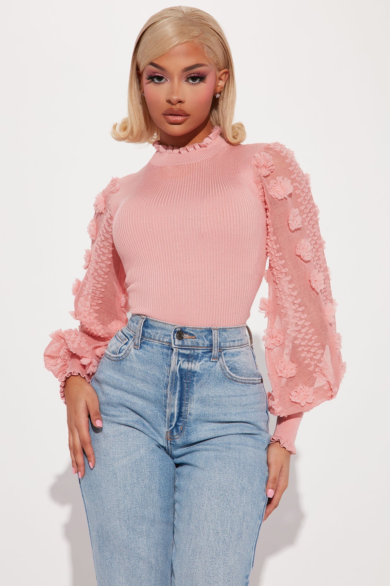 Pretty Petals Mock Neck Sweater - Rose