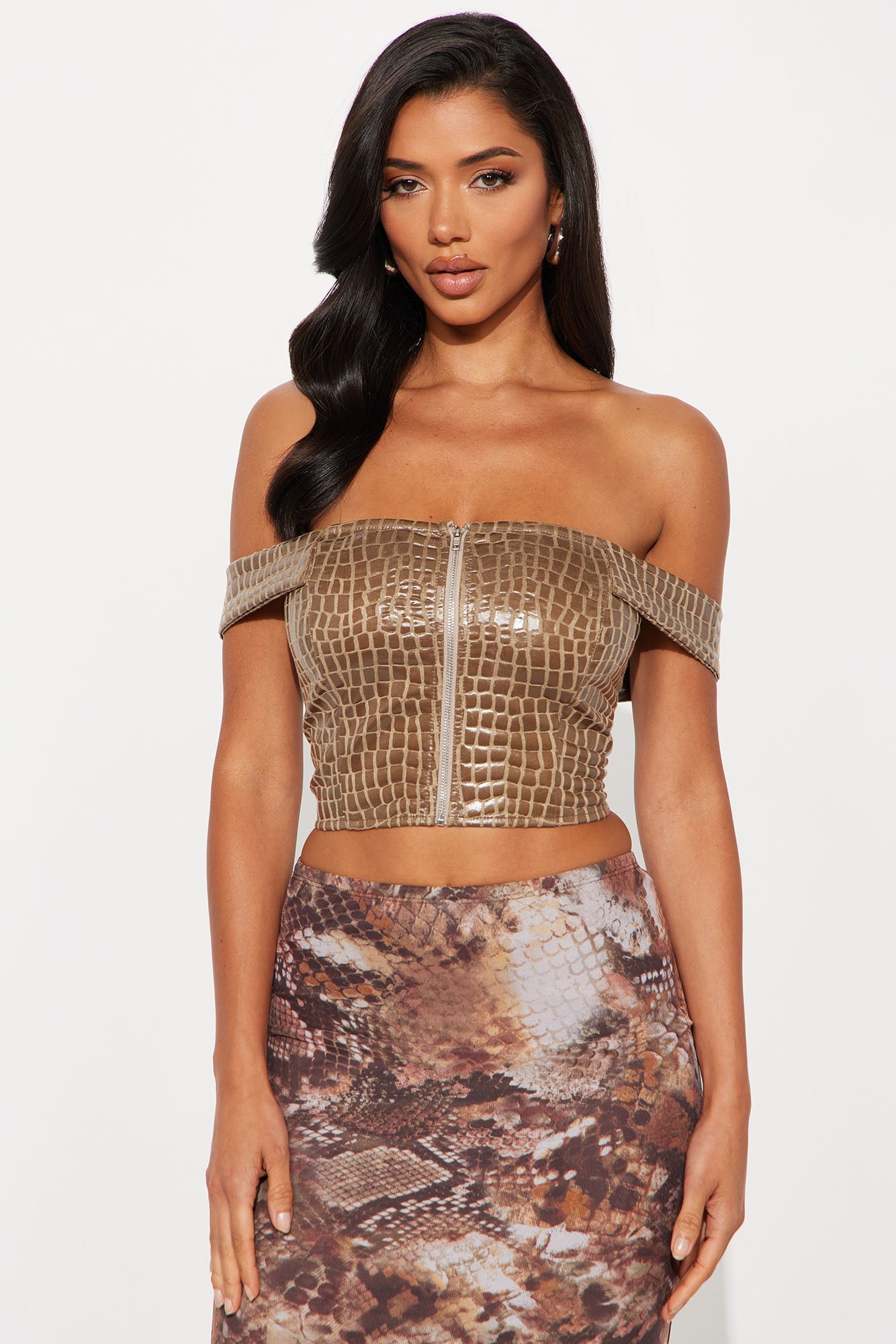 Mavis Off Shoulder Faux Leather Top - Olive