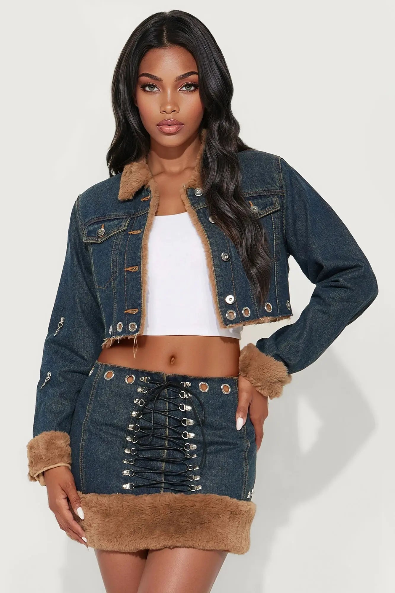 Fur The Win Denim Skirt Set - Dark Wash 