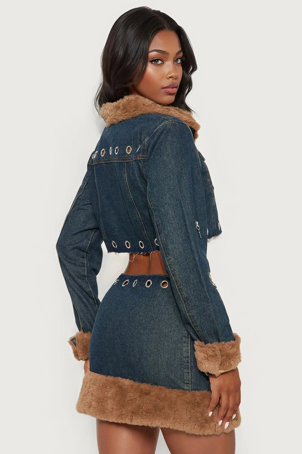 Fur The Win Denim Skirt Set - Dark Wash 