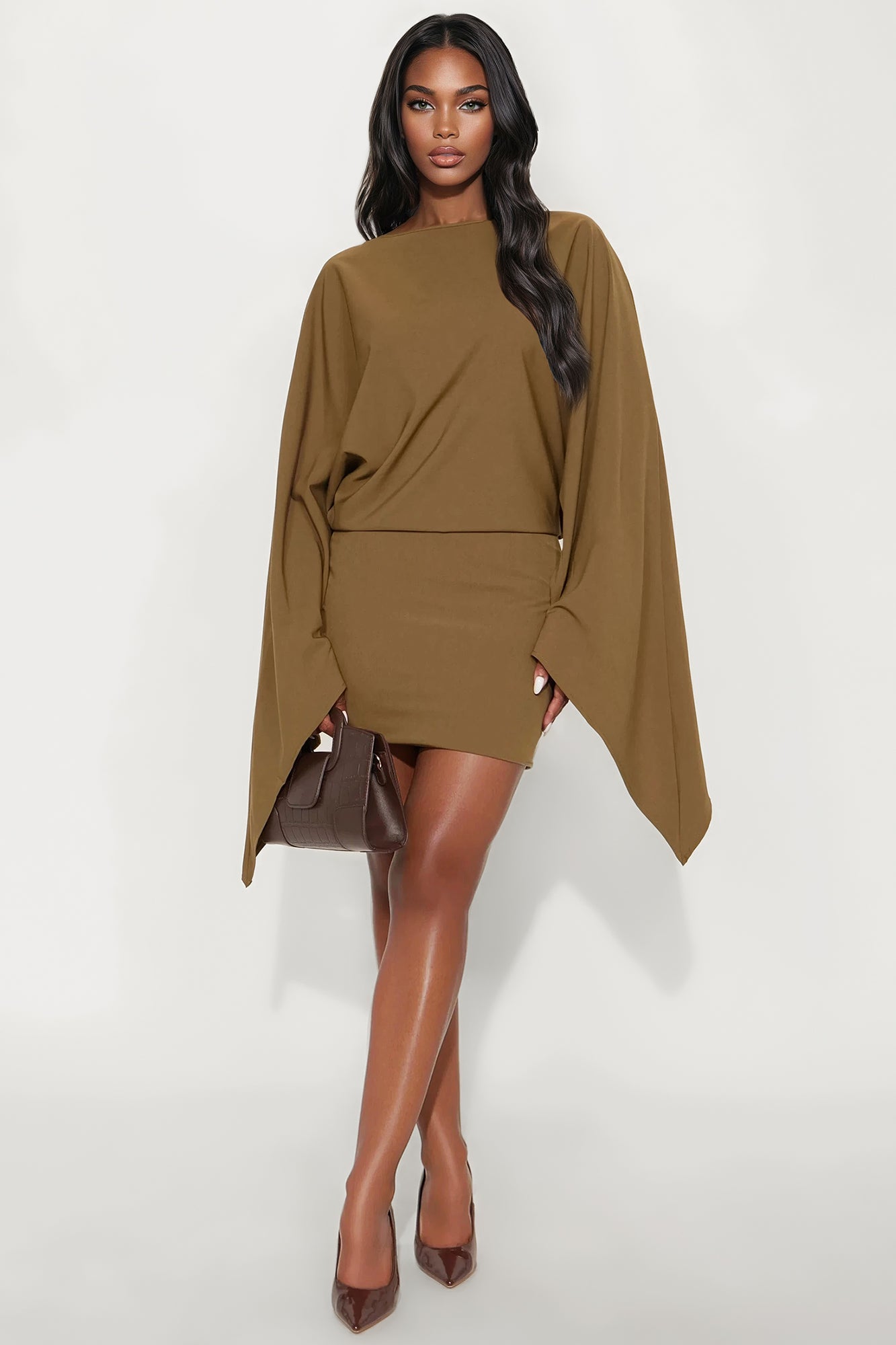 Annora Draped Long Sleeve Mini Dress - Olive