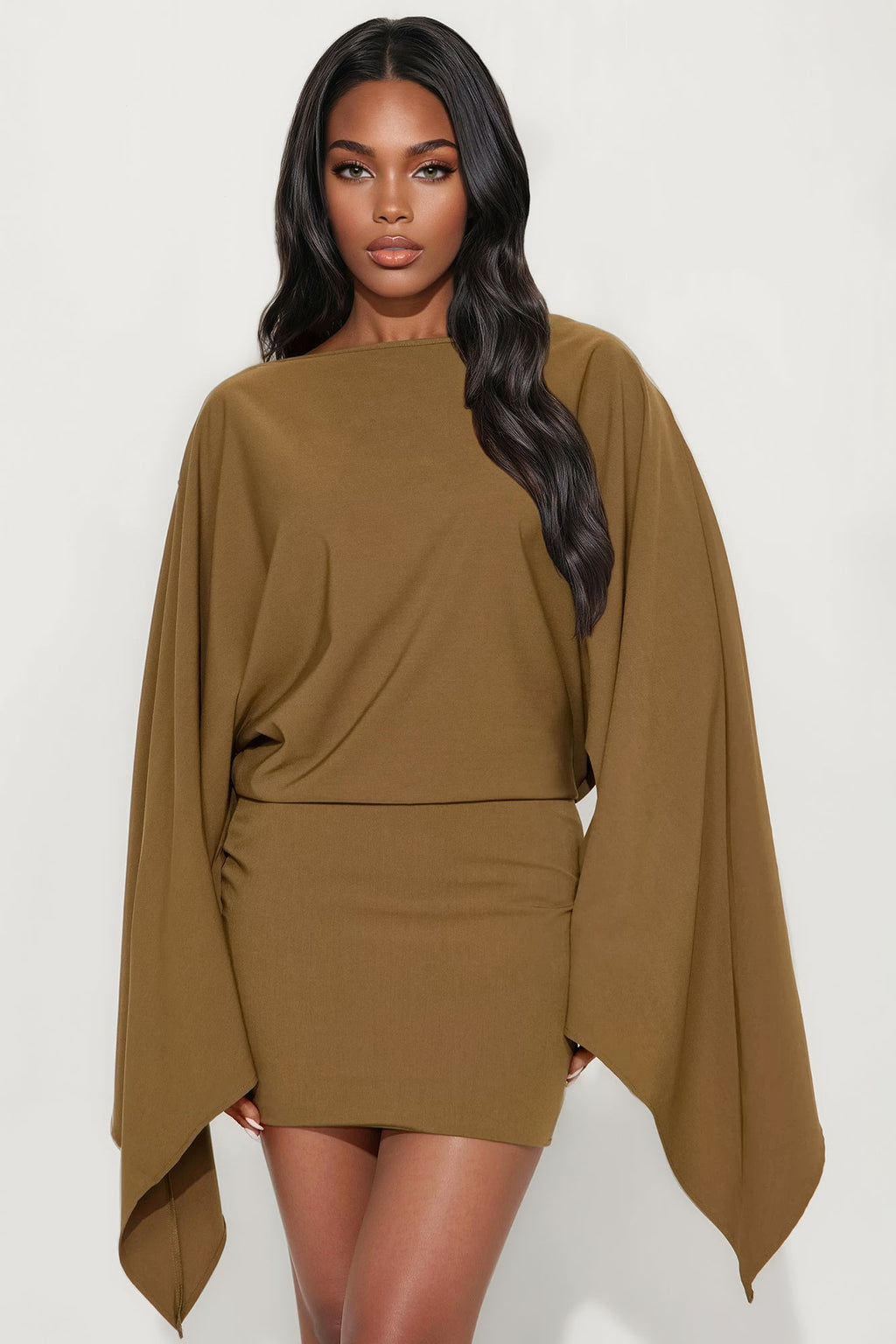 Annora Draped Long Sleeve Mini Dress - Olive