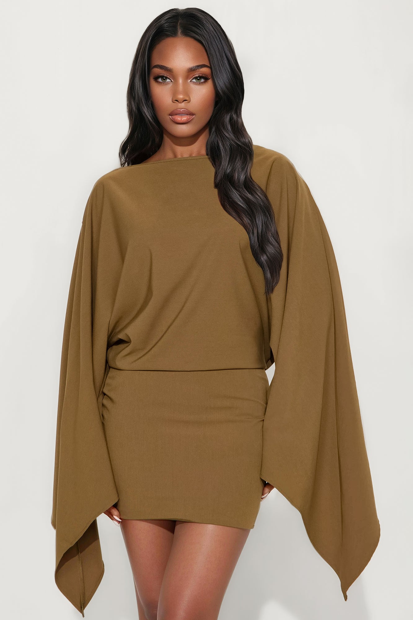 Annora Draped Long Sleeve Mini Dress - Olive