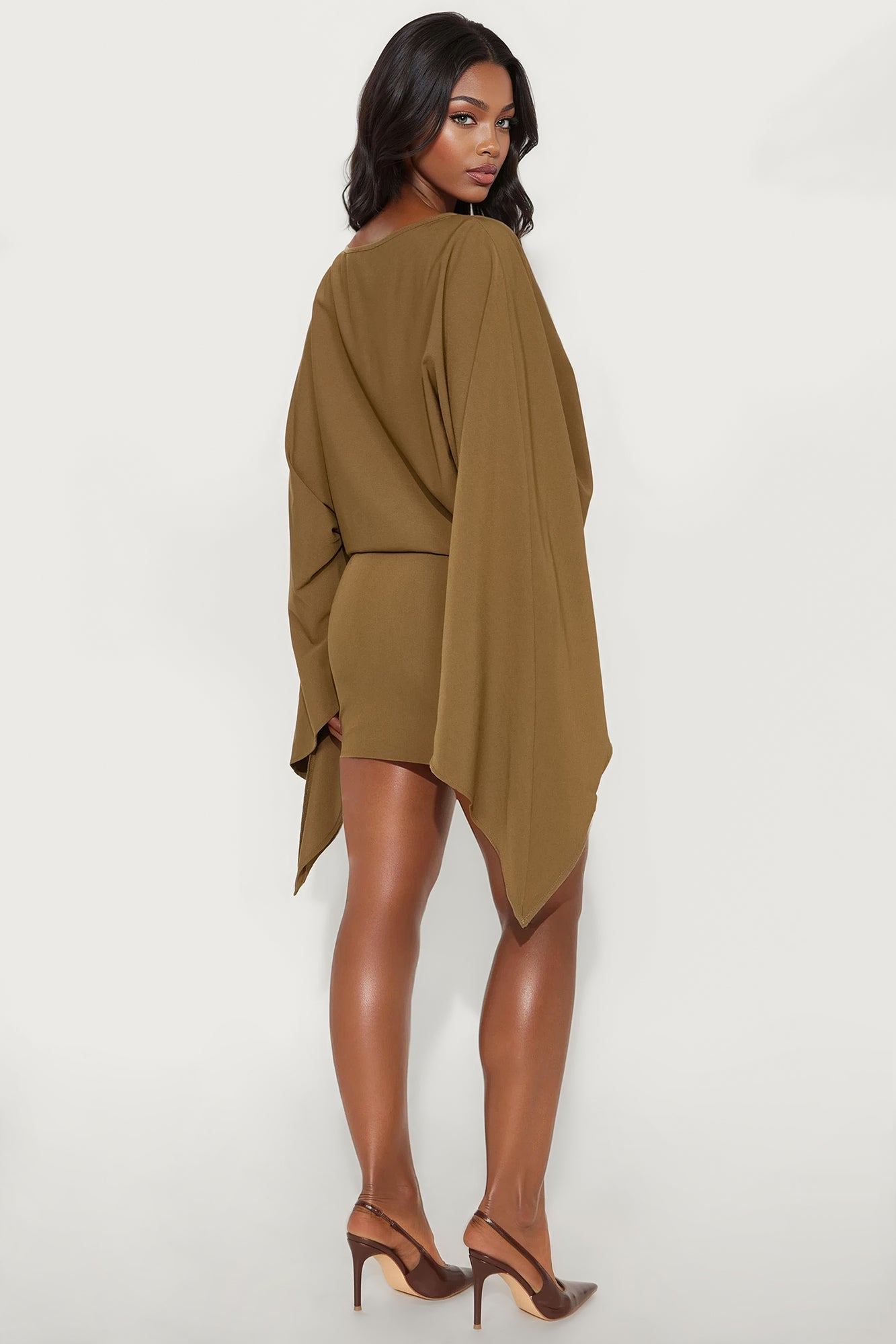 Annora Draped Long Sleeve Mini Dress - Olive