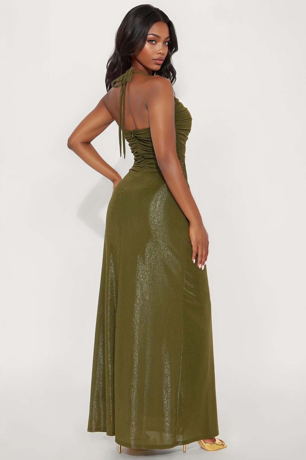 Drippin Metallic Halter Maxi Dress - Olive