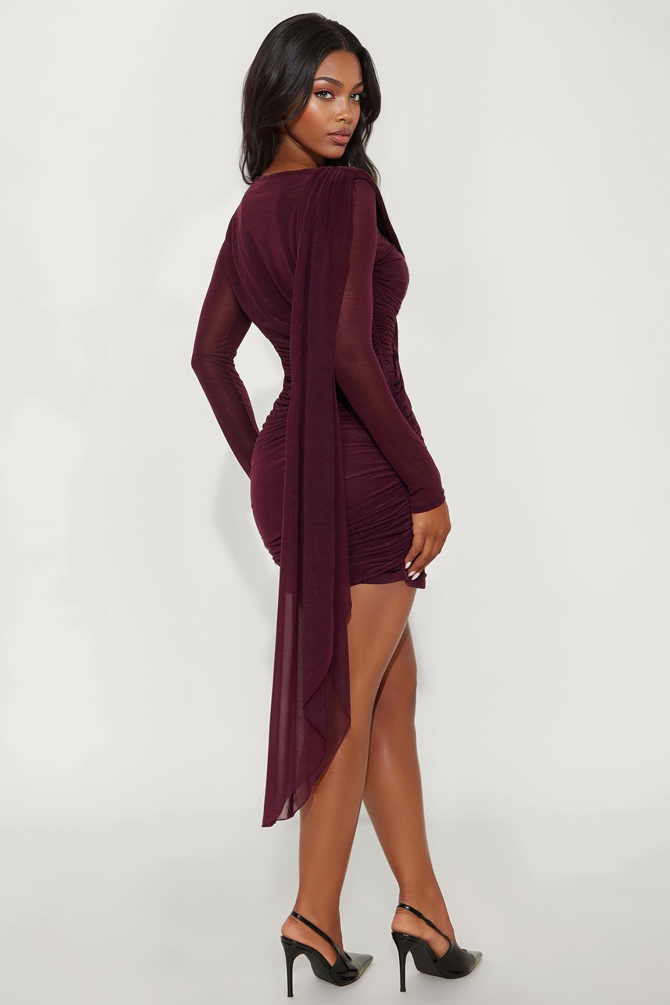 Jessica Ruched Draped Mini Dress - Wine