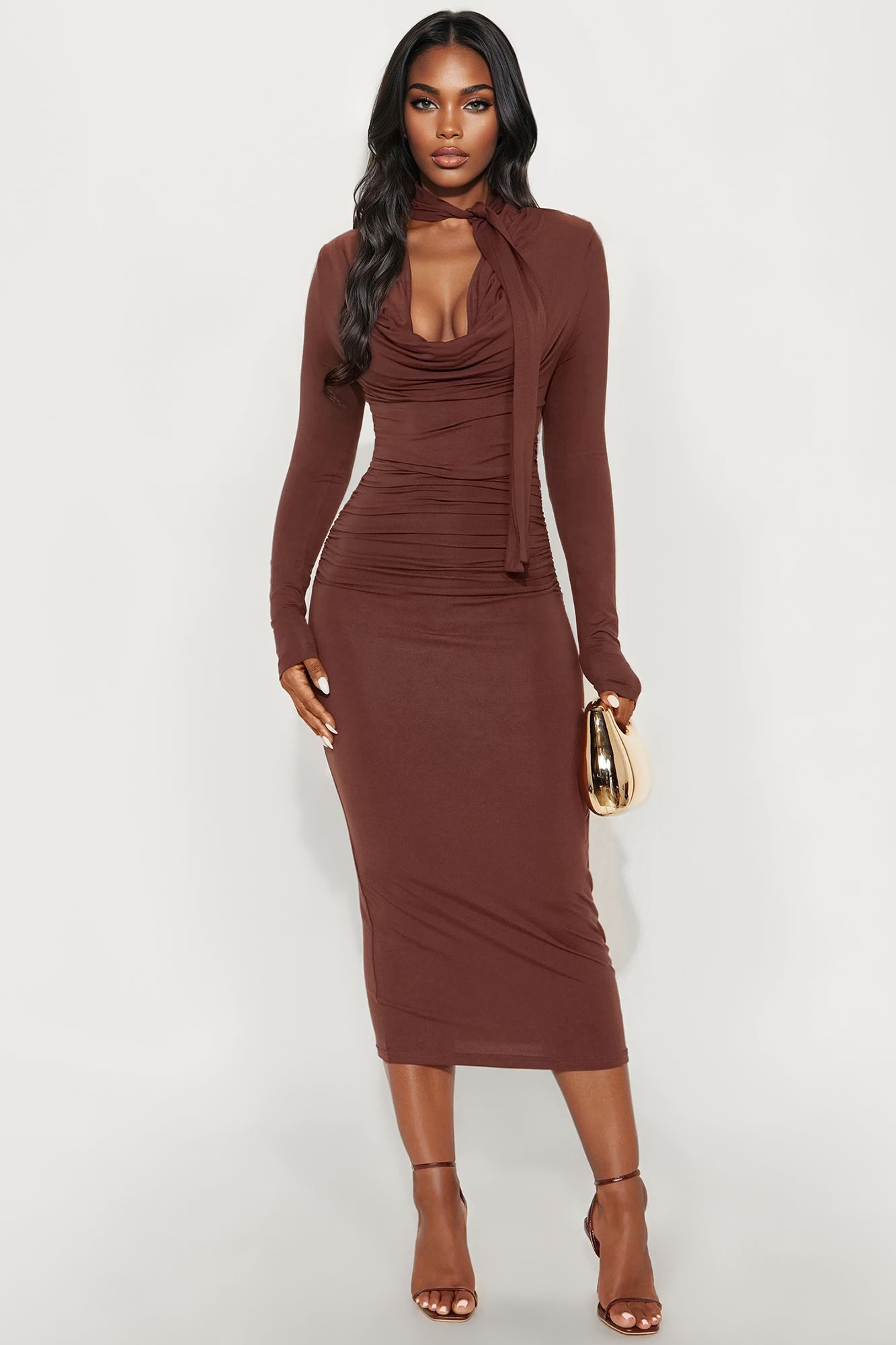 On Rehearsal Long Sleeve Cowl Neck Midi Dress - Chocolate